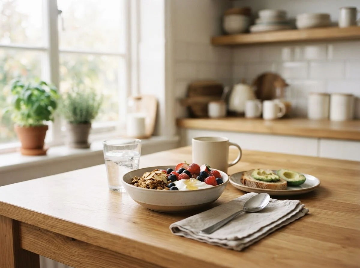 Ochtendtafel met water en voedingssupplement